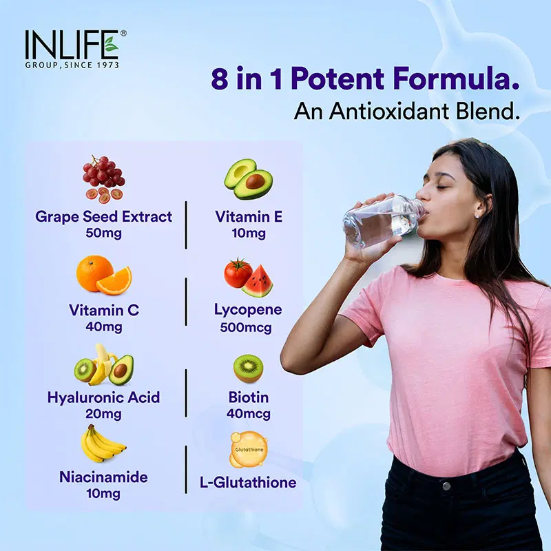 INLIFE L-Glutathione Reduced 500mg | Grape Seed Extract, Vitamin C, Hyaluronic Acid, Niacinamide, Vitamin E, Lycopene & Biotin