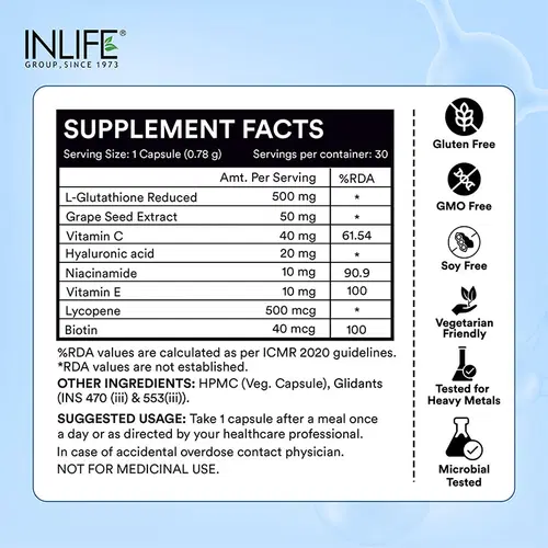 inlife glutathione INLIFE L-Glutathione Reduced 500mg | Grape Seed Extract, Vitamin C, Hyaluronic Acid, Niacinamide, Vitamin E, Lycopene & Biotin