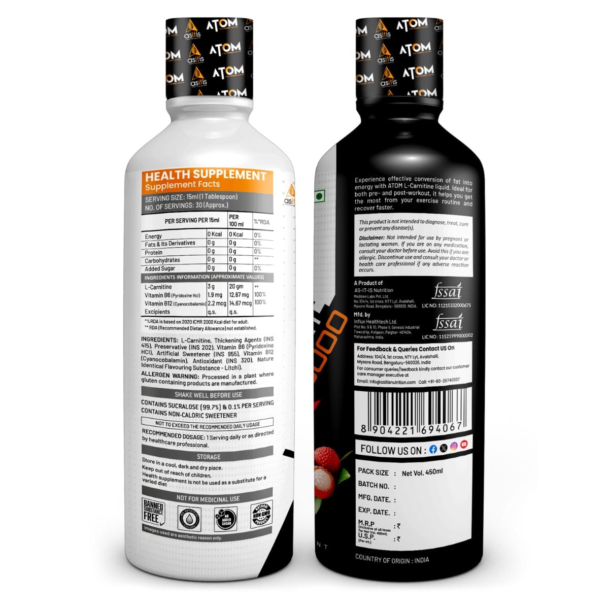 AS-IT-IS Nutrition ATOM L- Carnitine Liquid Helps Convert Fat into Energy, With Vit. B6, B12, 3000mg L-Carnitine, Sugar Free, Performance & Recovery, 30 Servings, Litchi Flavour