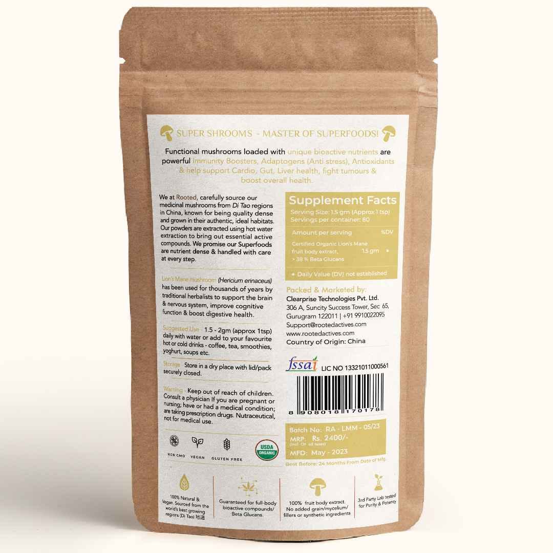 Rooted Actives Lions Mane mushroom Extract ( 120 g) | Memory, Focus ...