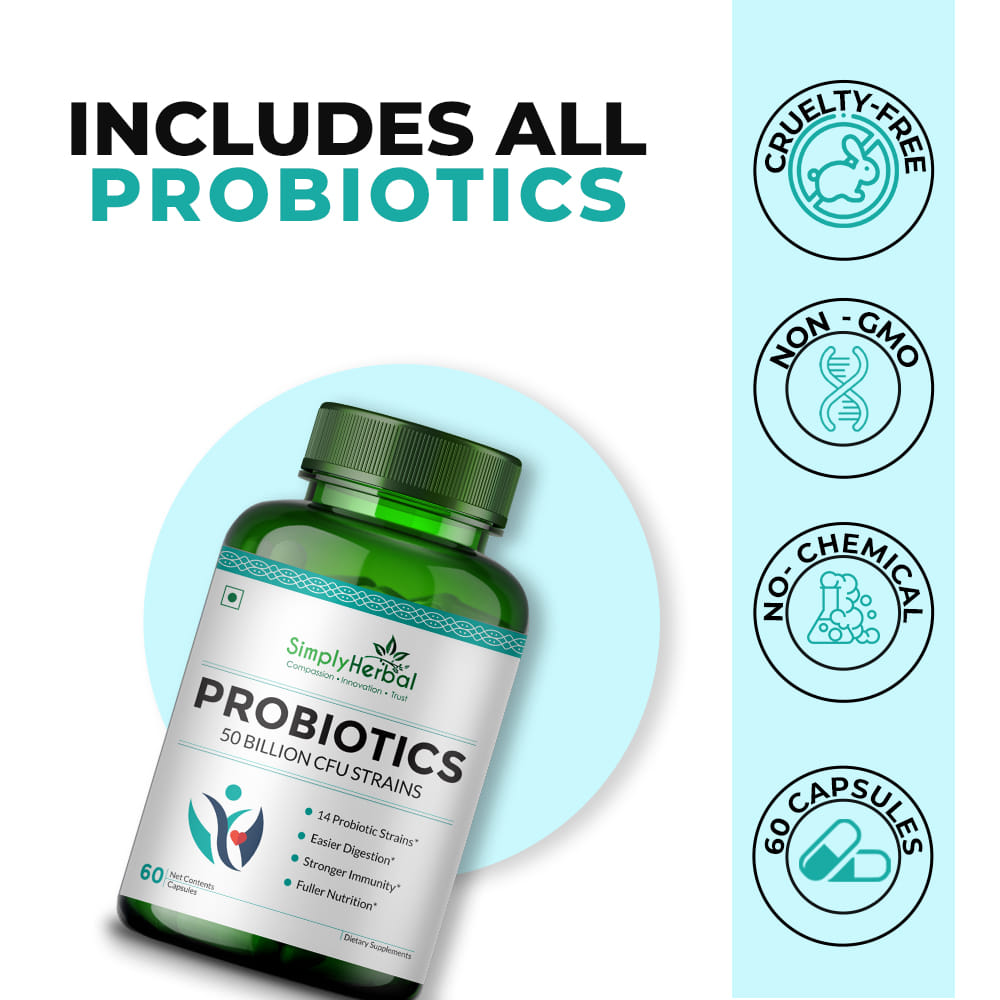 Simply Herbal Probiotics 50 Billion CFU 14 Strains Prebiotic Supplement ...