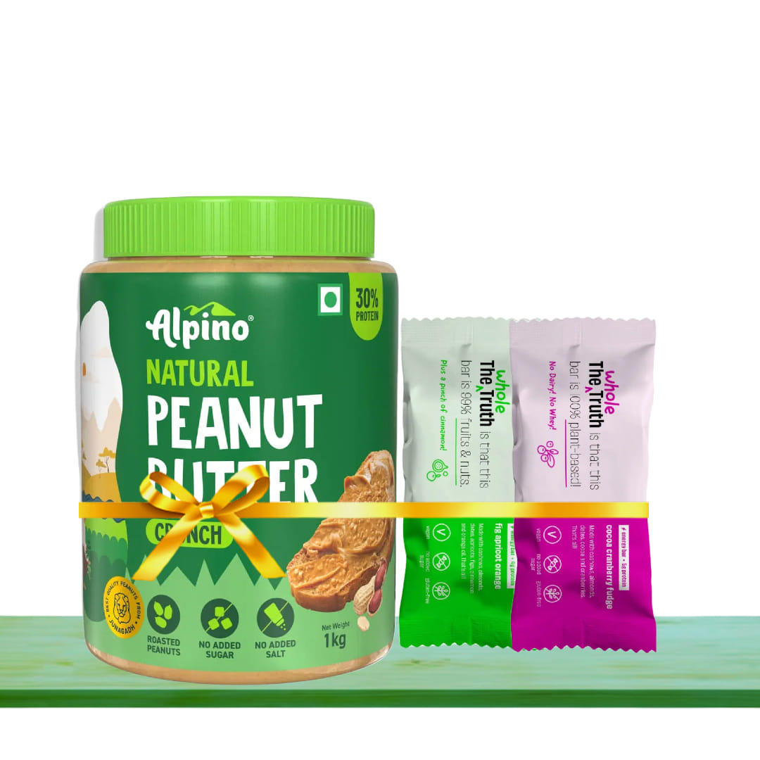 Protein Packed Natural Snacks ( Alpino Natural Peanut Butter Crunch 1 KG Unsweetened 30G + The Whole Truth Vegan Energy Bars Fruity Patootie (3 Fig, Apricot and Orange, 3 Cocoa Cranberry Fudge) Pack of 6 (6 x 40g)-image-2
